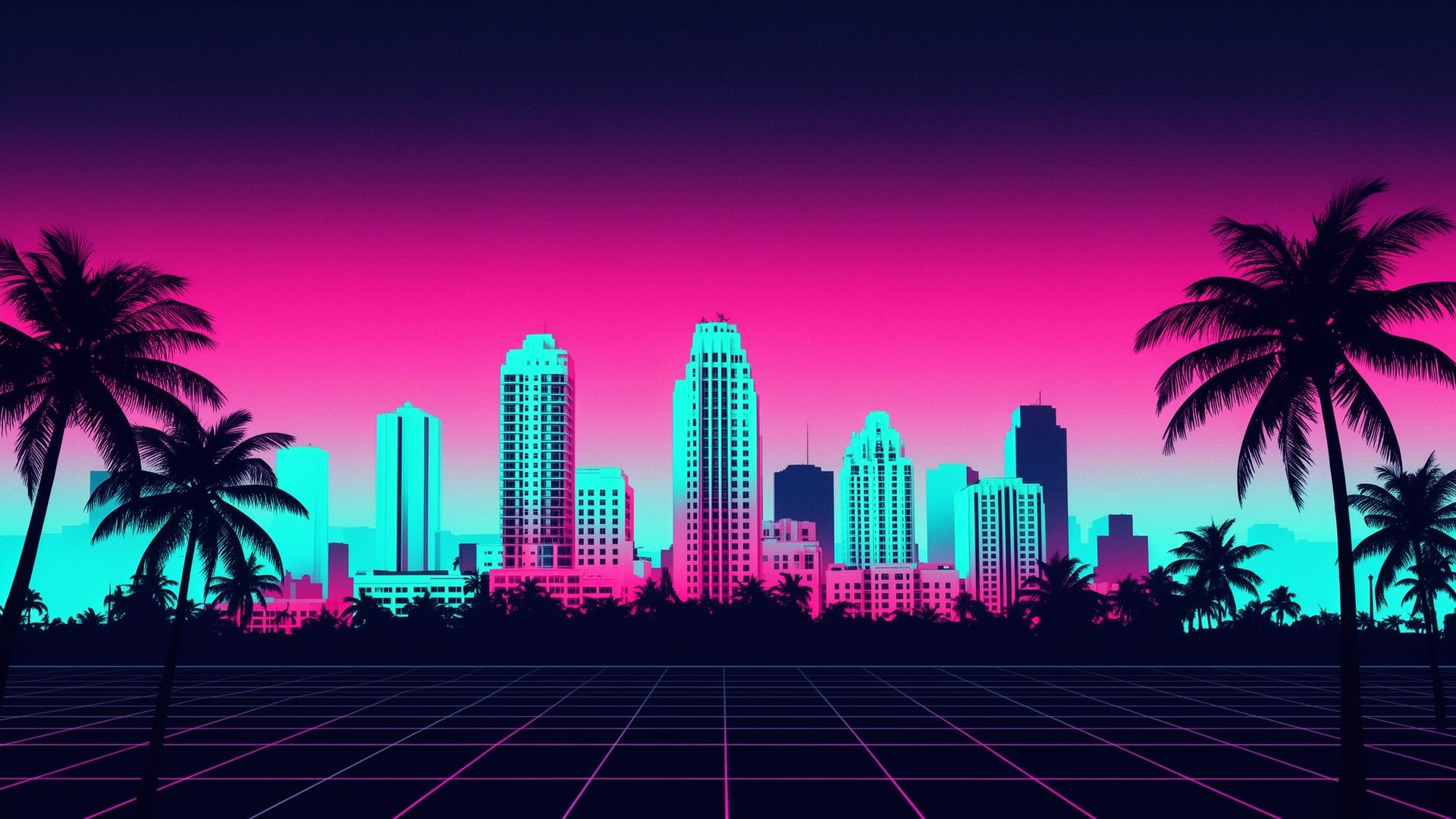 Neon Miami skyline at sunset